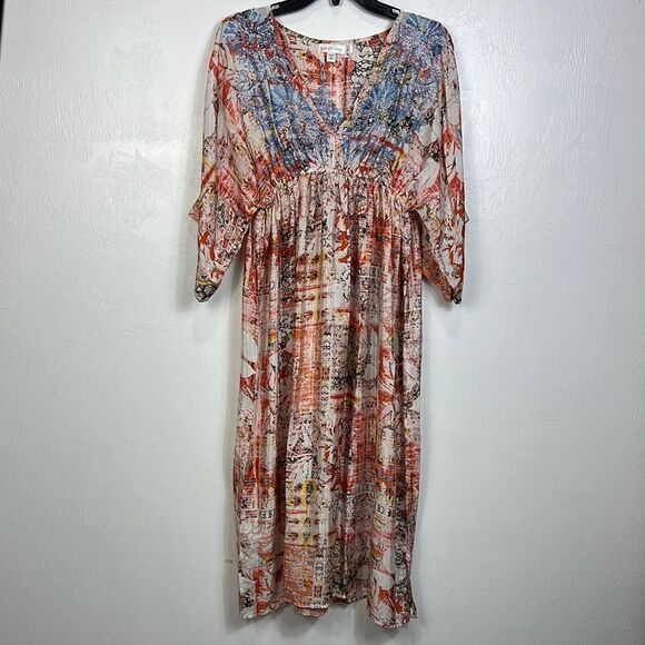 Karyn Seo Carmen Boho Embroidered Printed Silk Blend Dress Size L - Picture 3 of 11